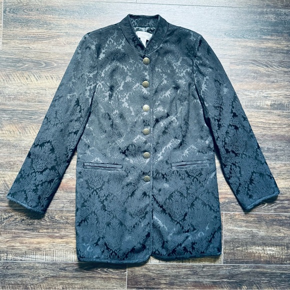 Vintage Victor Costa Occasion Long Black Brocade Jacket Coat Blazer M Medium - Picture 1 of 10